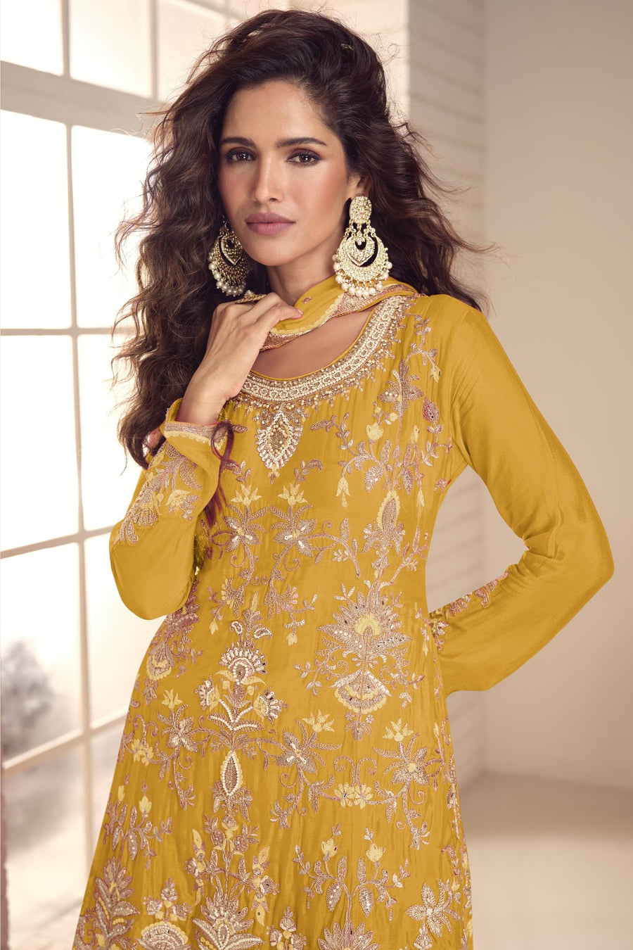 Yellow Chinon Silk Plazo Suit For Indian & Pakistani Wedding Festival - Thread & Sequins Embroidery Work, Hand Work