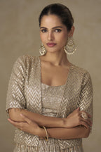 Beige Georgette Palazzo Choli With Jacket For Indian & Pakistani Wedding Festival - Sequins Embroidery Work, Stone Work