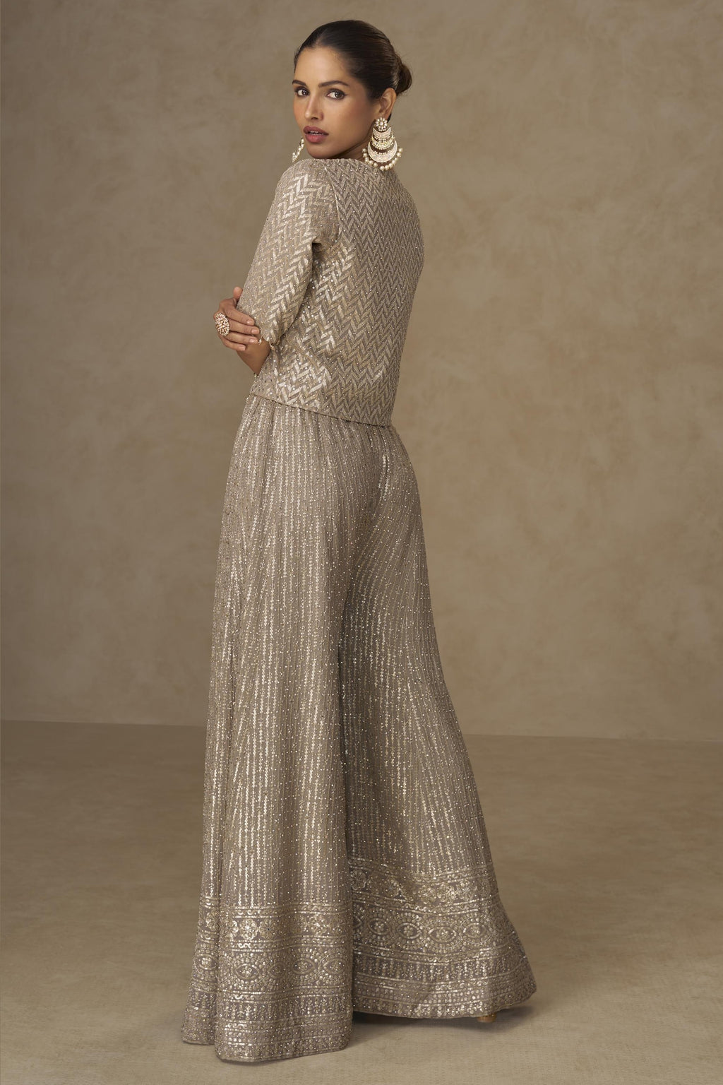 Beige Georgette Palazzo Choli With Jacket For Indian & Pakistani Wedding Festival - Sequins Embroidery Work, Stone Work