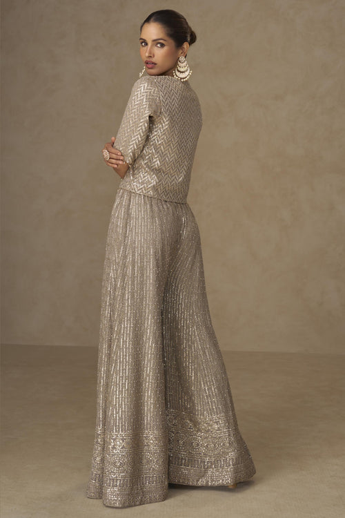 Beige Georgette Palazzo Choli With Jacket For Indian & Pakistani Wedding Festival - Sequins Embroidery Work, Stone Work