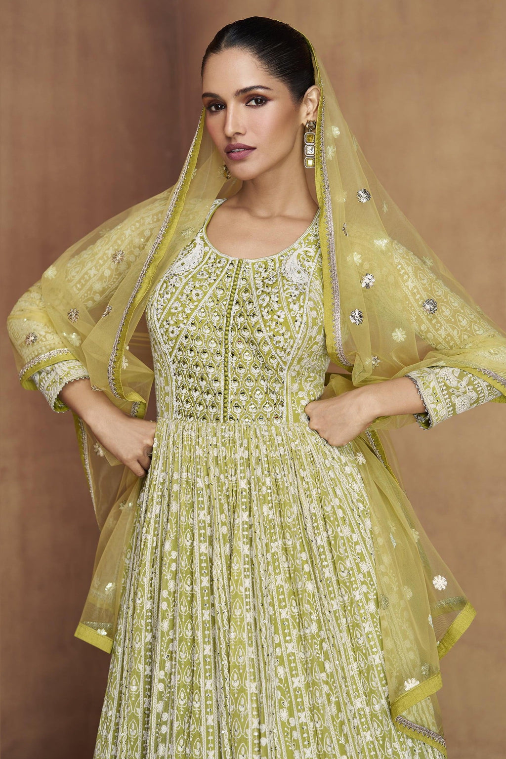 Yellow Green Georgette Anarkali Suit For Indian & Pakistani Wedding Festival - Sequins & Thread Embroidery Work, Real Mirror Work