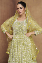 Yellow Green Georgette Anarkali Suit For Indian & Pakistani Wedding Festival - Sequins & Thread Embroidery Work, Real Mirror Work