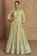 Yellow Green Georgette Anarkali Suit For Indian & Pakistani Wedding Festival - Sequins & Thread Embroidery Work, Real Mirror Work