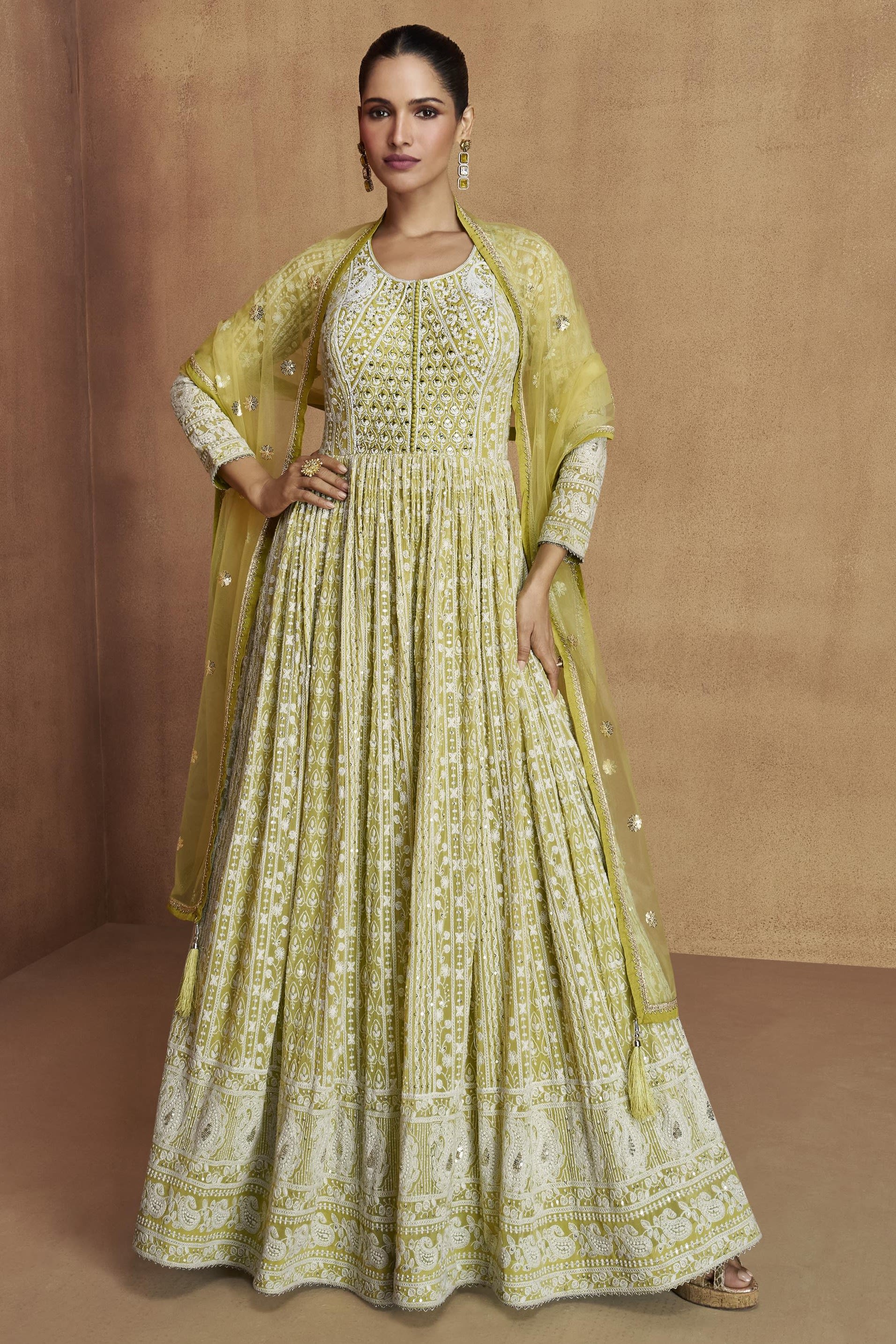 Yellow Green Georgette Anarkali Suit For Indian & Pakistani Wedding Festival - Sequins & Thread Embroidery Work, Real Mirror Work