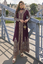 Wine Chinon Silk Front Slit Anarkali With Pent For Indian & Pakistani Wedding Festival - Sequins & Thread Embroidery Work