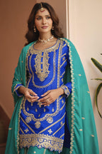 Royal Blue Chinon Silk Plazo Suit For Indian & Pakistani Wedding Festival - Dori Work, Sequence Embroidery Work