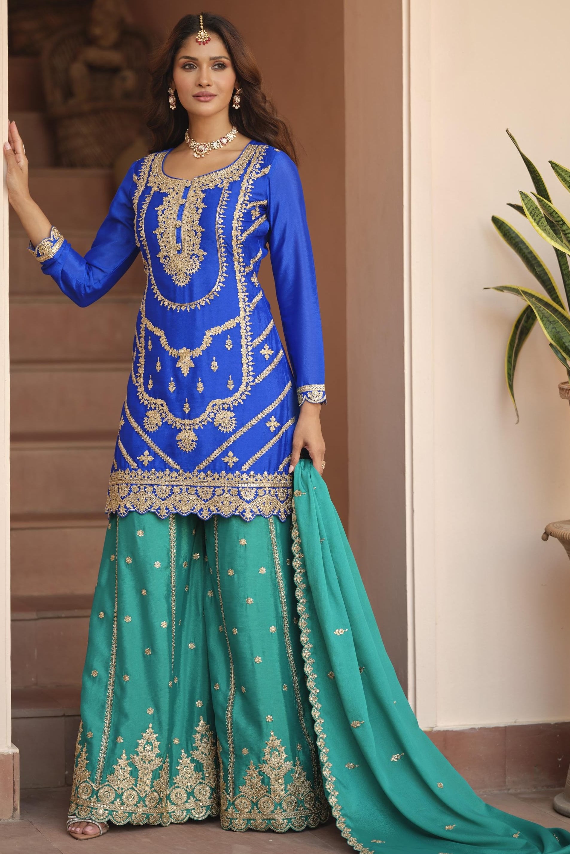 Royal Blue Chinon Silk Plazo Suit For Indian & Pakistani Wedding Festival - Dori Work, Sequence Embroidery Work