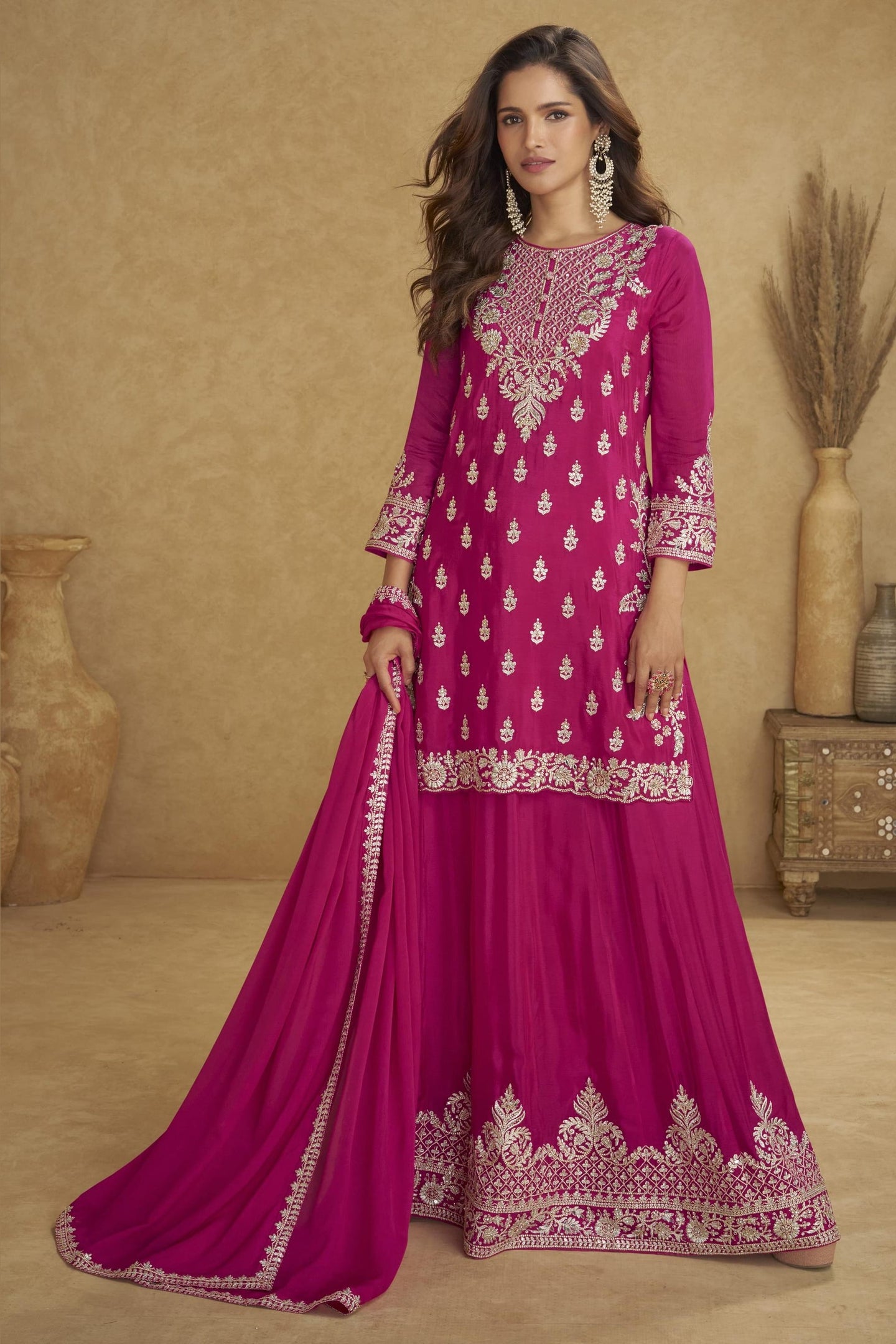 Pink Chinon Silk Plazo Suit For Indian & Pakistani Wedding Festival - Thread & Sequins Embroidery Work