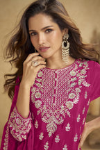 Pink Chinon Silk Plazo Suit For Indian & Pakistani Wedding Festival - Thread & Sequins Embroidery Work