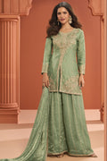 Green Fandy Silk Plazo Suit For Indian & Pakistani Wedding Festival - Thread Embroidery Work