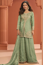 Green Fandy Silk Plazo Suit For Indian & Pakistani Wedding Festival - Thread Embroidery Work