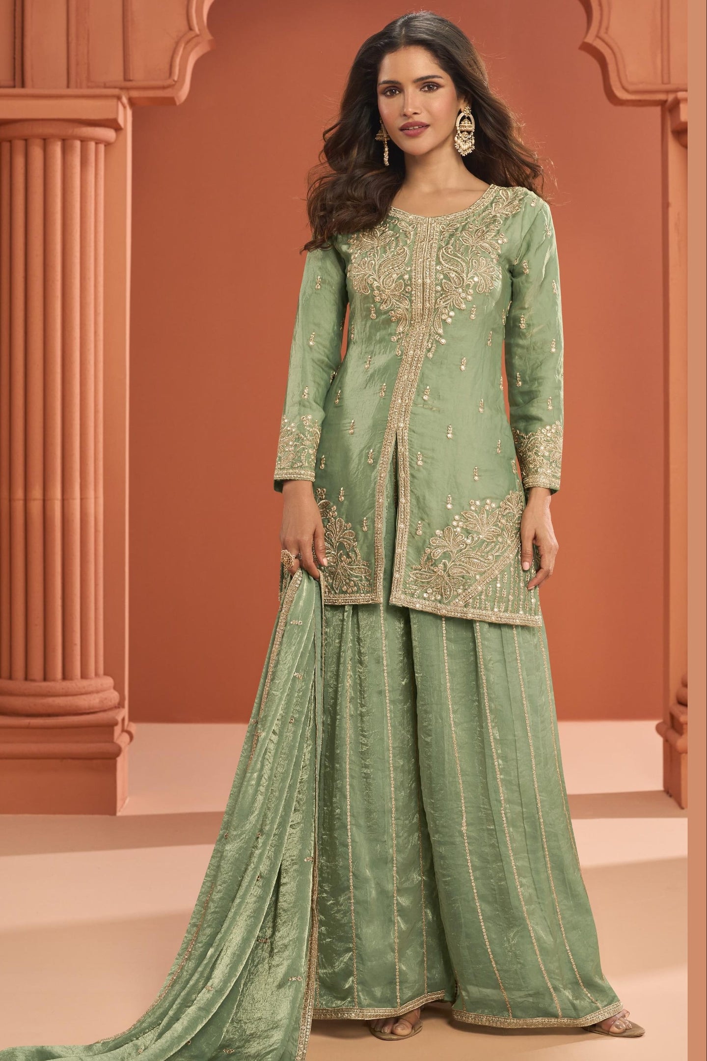 Green Fandy Silk Plazo Suit For Indian & Pakistani Wedding Festival - Thread Embroidery Work