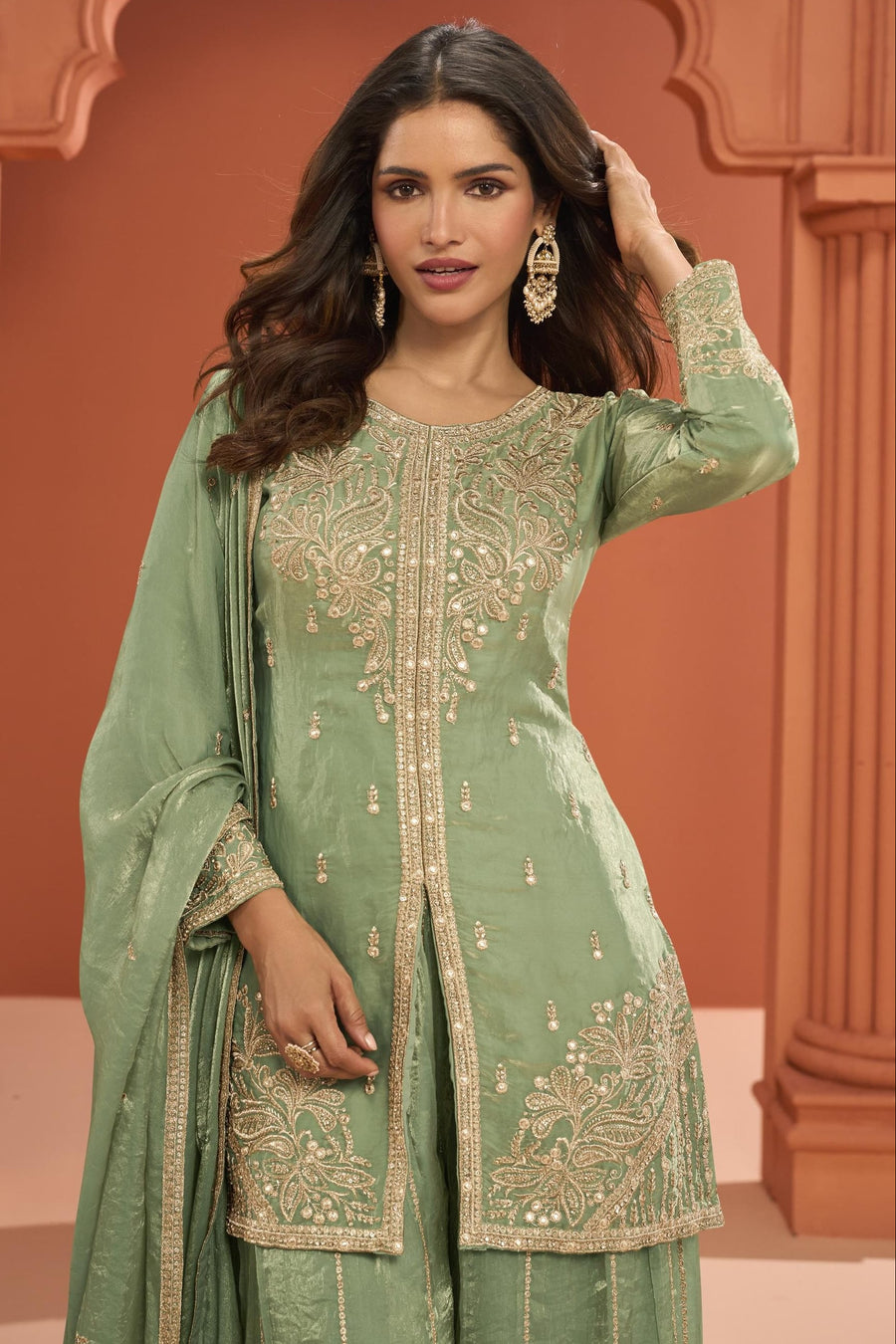 Green Fandy Silk Plazo Suit For Indian & Pakistani Wedding Festival - Thread Embroidery Work - 32 Green Fandy Silk Plazo Suit For Indian & Pakistani Wedding Festival - Thread Embroidery Work - 32
