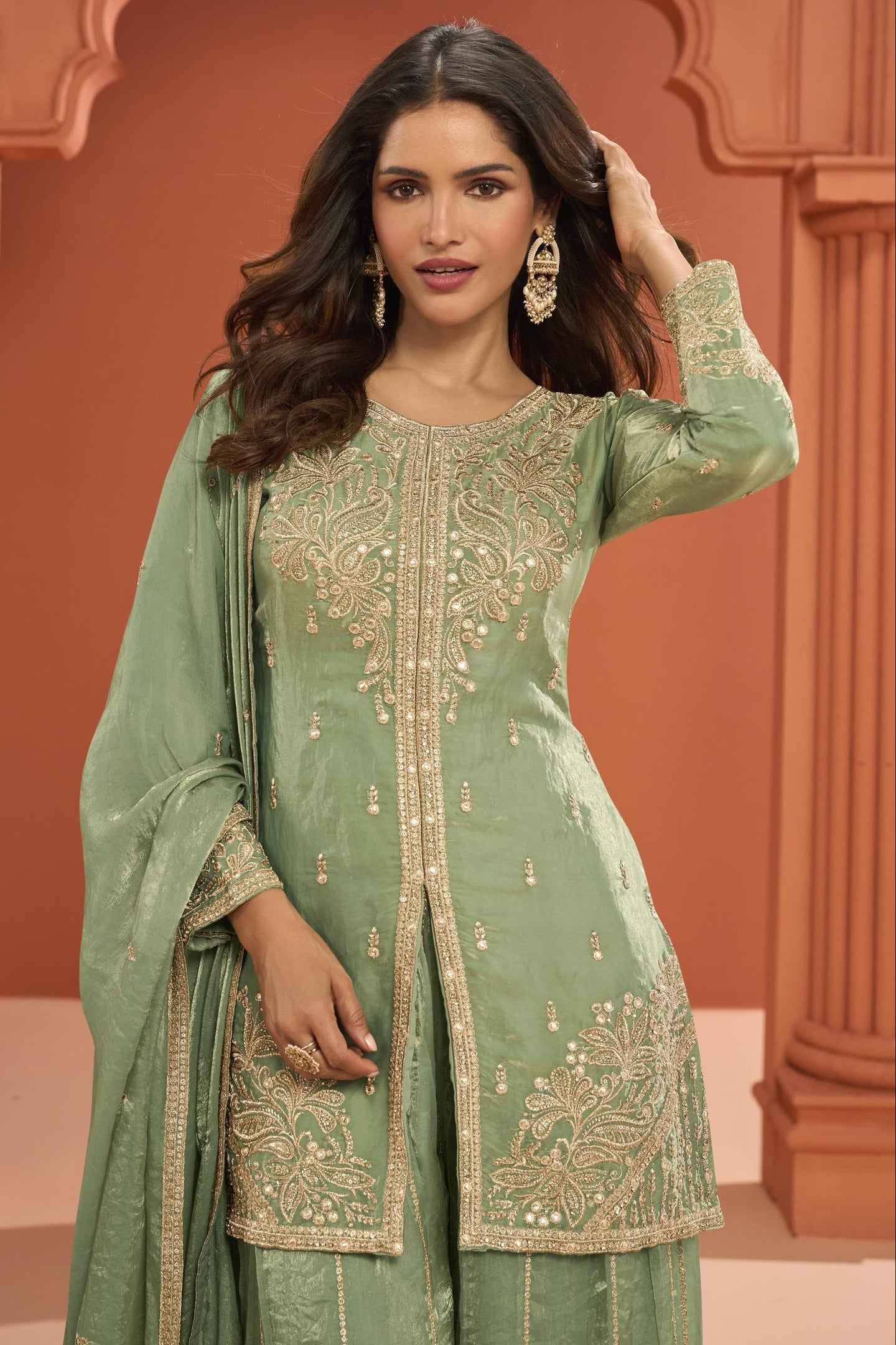 Green Fandy Silk Plazo Suit For Indian & Pakistani Wedding Festival - Thread Embroidery Work