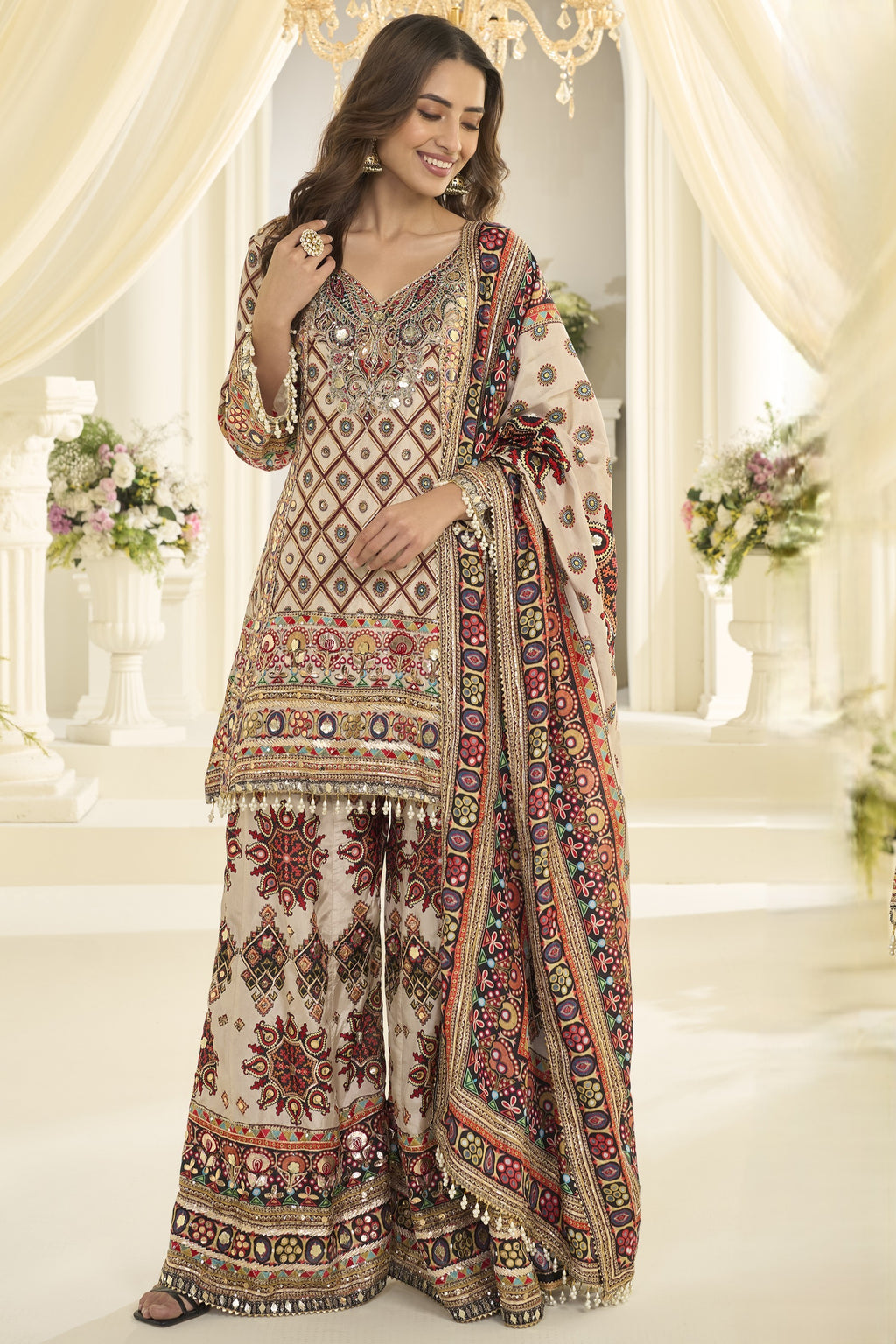 Camel Beige Pakistani Traditional Dress Plazo Suit - Aari, Gota Patti & Print Work