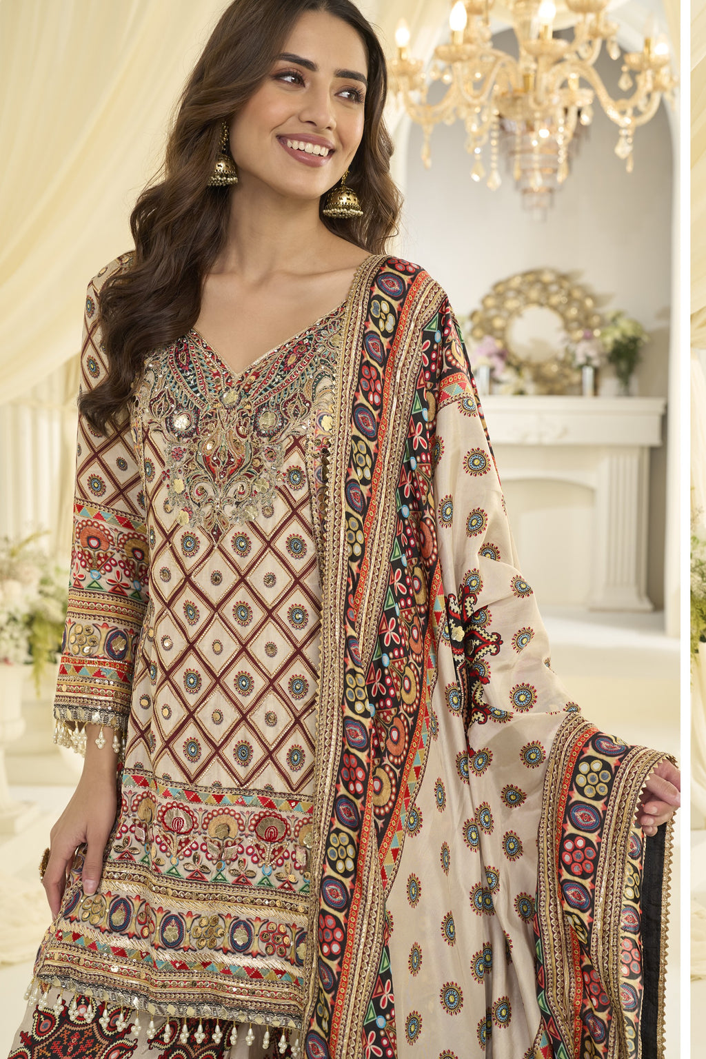 Camel Beige Pakistani Traditional Dress Plazo Suit - Aari, Gota Patti & Print Work