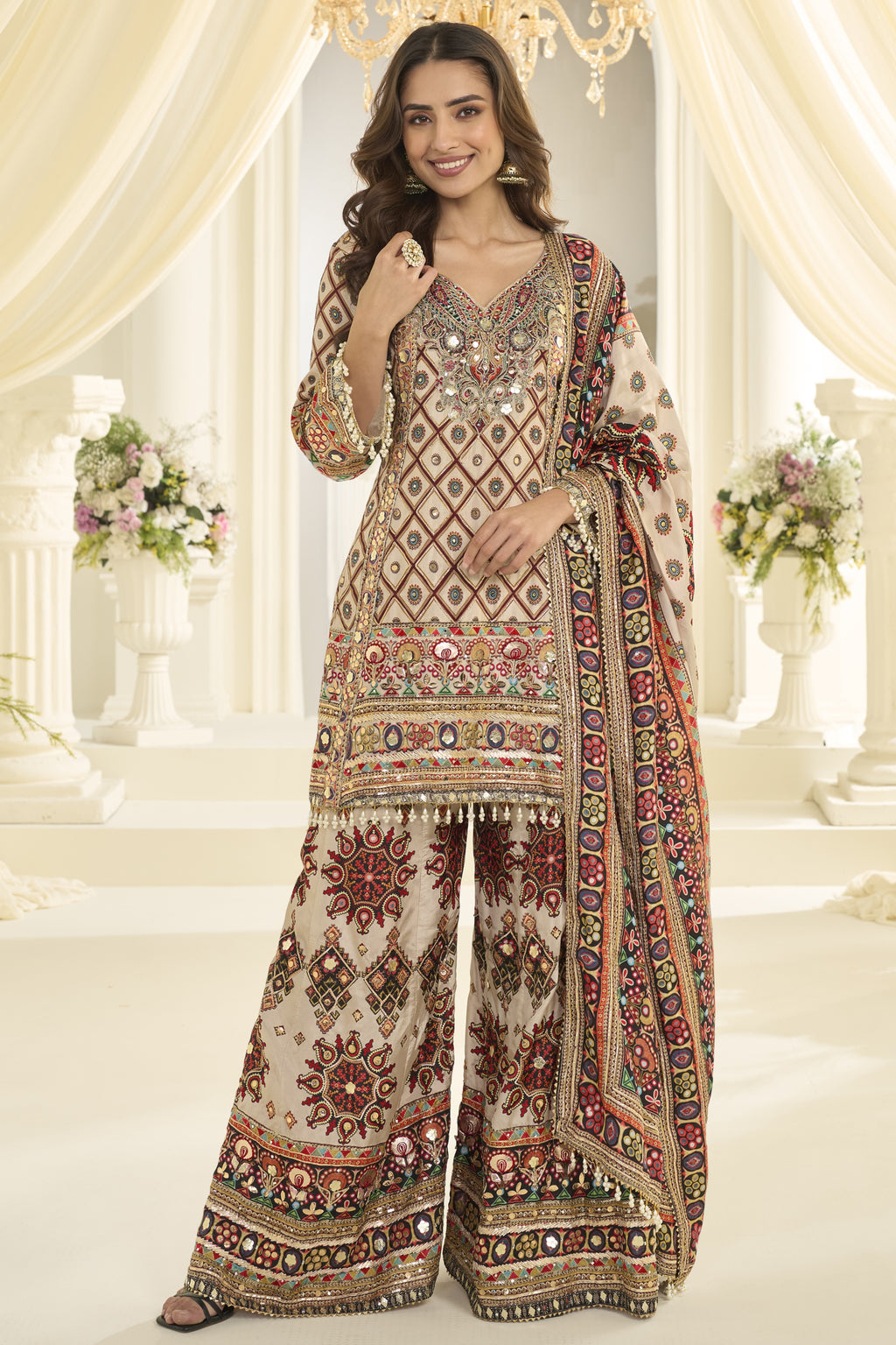 Camel Beige Pakistani Traditional Dress Plazo Suit with Print and Aari Work