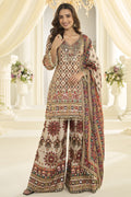 Camel Beige Pakistani Traditional Dress Plazo Suit with Print and Aari Work