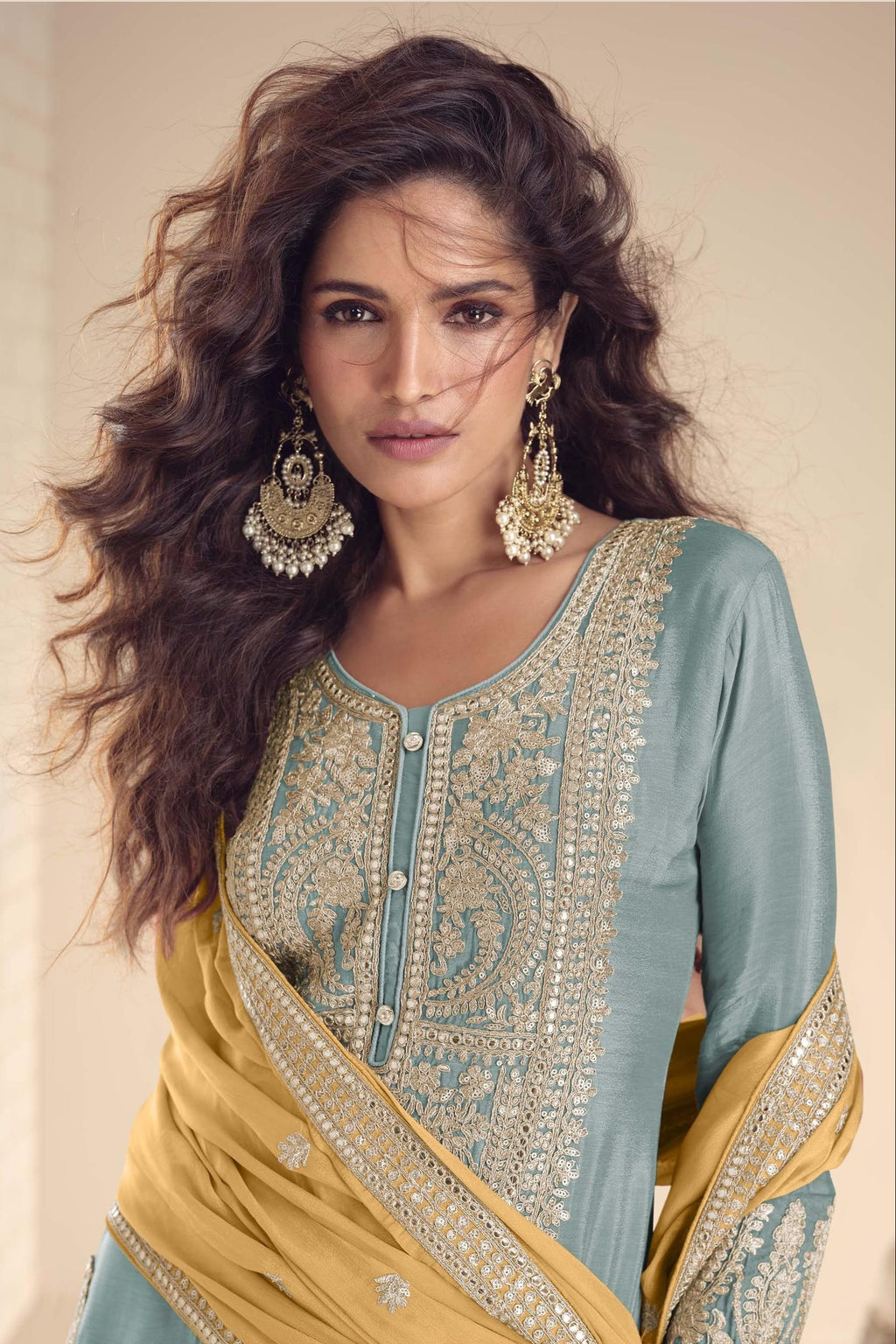 Indian Plazo Suit Online with Light Blue Chinon Silk & Dori Embroidery Work