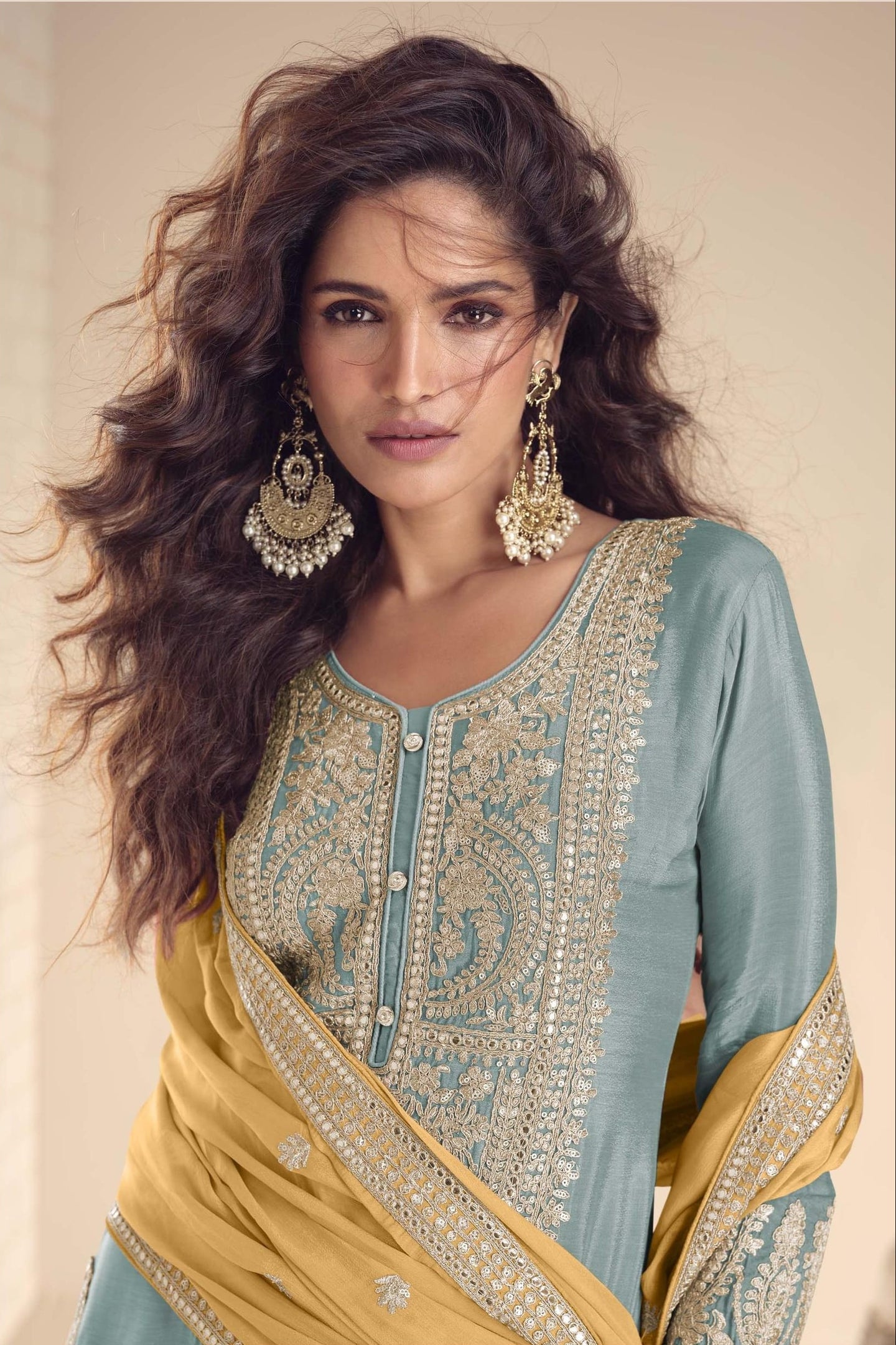 Indian Plazo Suit Online with Light Blue Chinon Silk & Dori Embroidery Work
