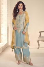 Indian Plazo Suit Online with Light Blue Chinon Silk & Dori Embroidery Work