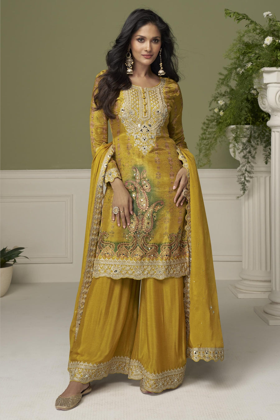 Mustard Yellow Palazo Suit for Haldi in Chinon Silk with Print & Thread Sequins Embroidery