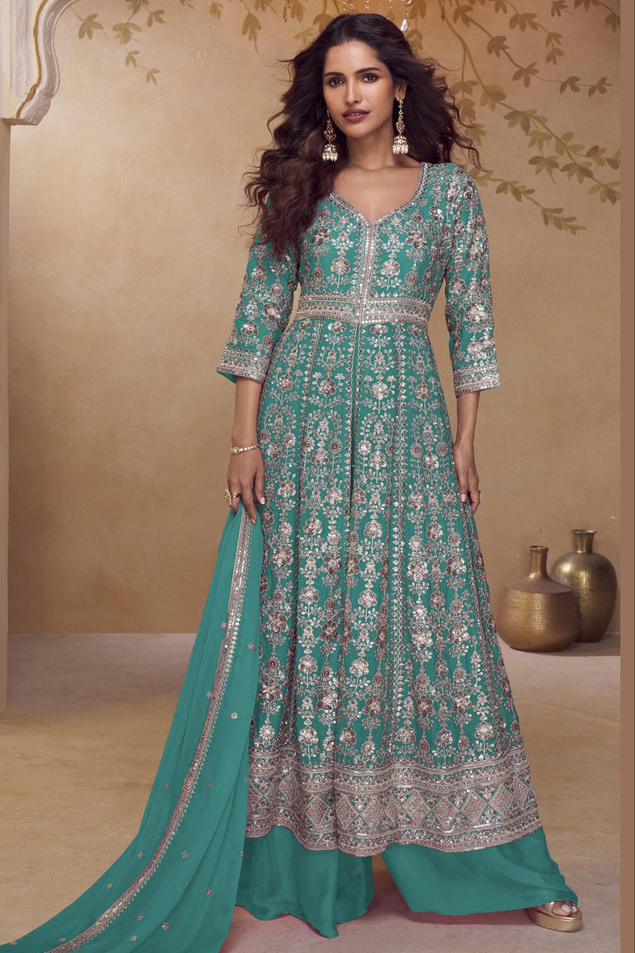 Teal India Wedding Gowns with Chinon Silk Anarkali Suit Palazzo
