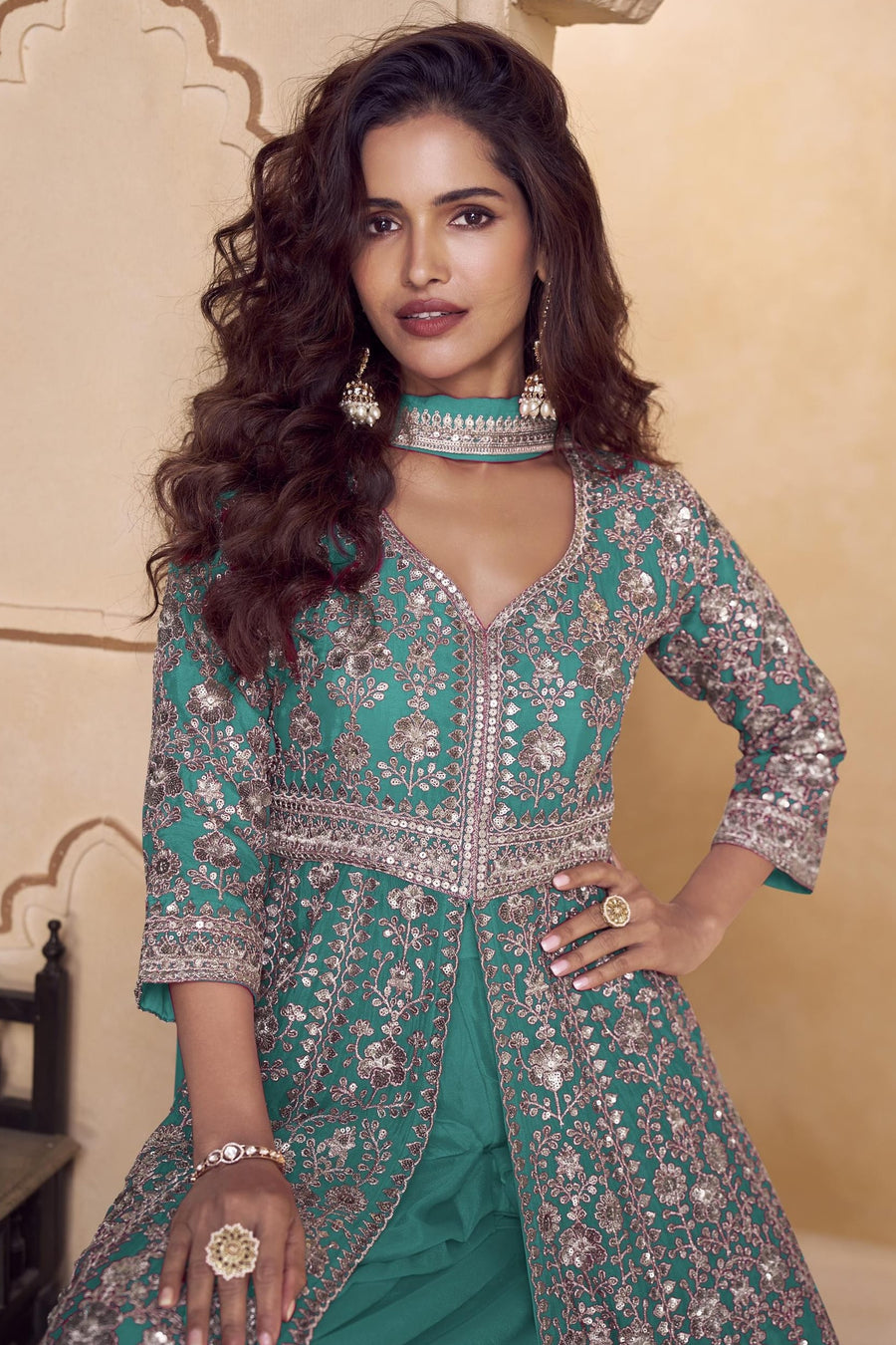 Teal India Wedding Gowns with Chinon Silk Anarkali Suit Palazzo