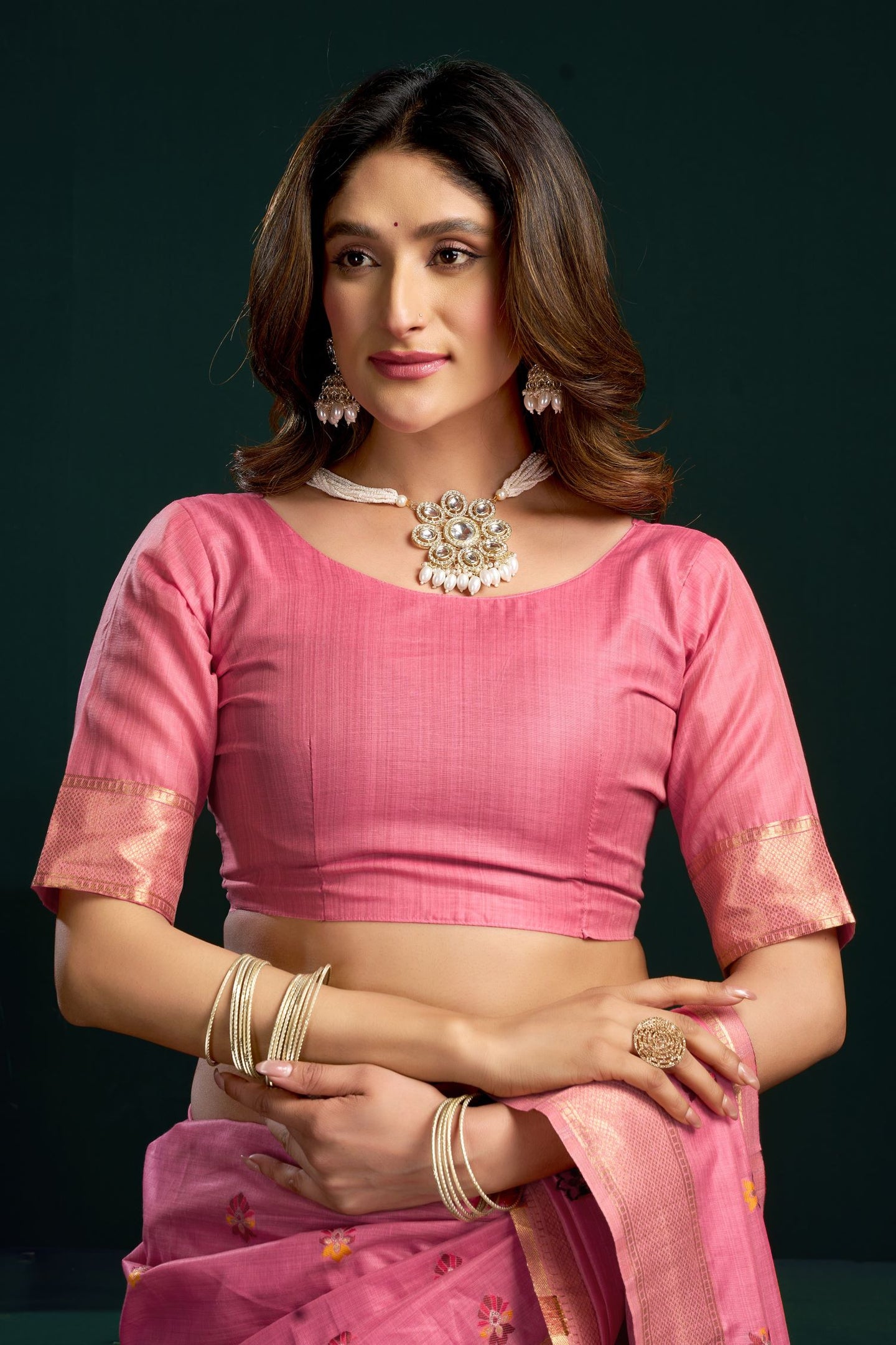 Pink Silk Cotton Saree with Stitched Blouse & Petticoat - Meenakari Work