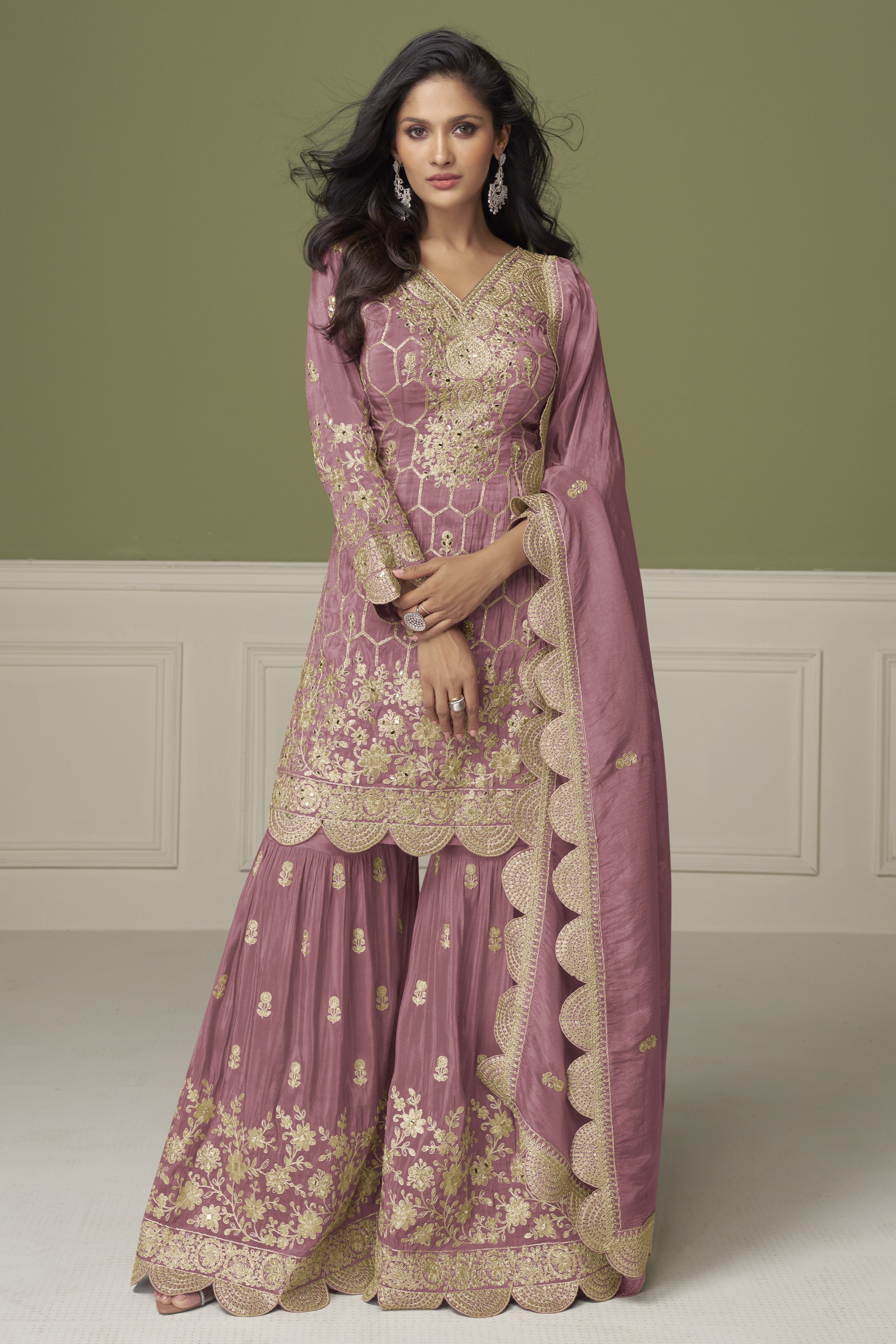 Pink Simmer Silk Kameez With Sharara Suit For Indian & Pakistani Wedding Festival - Embroidery Work