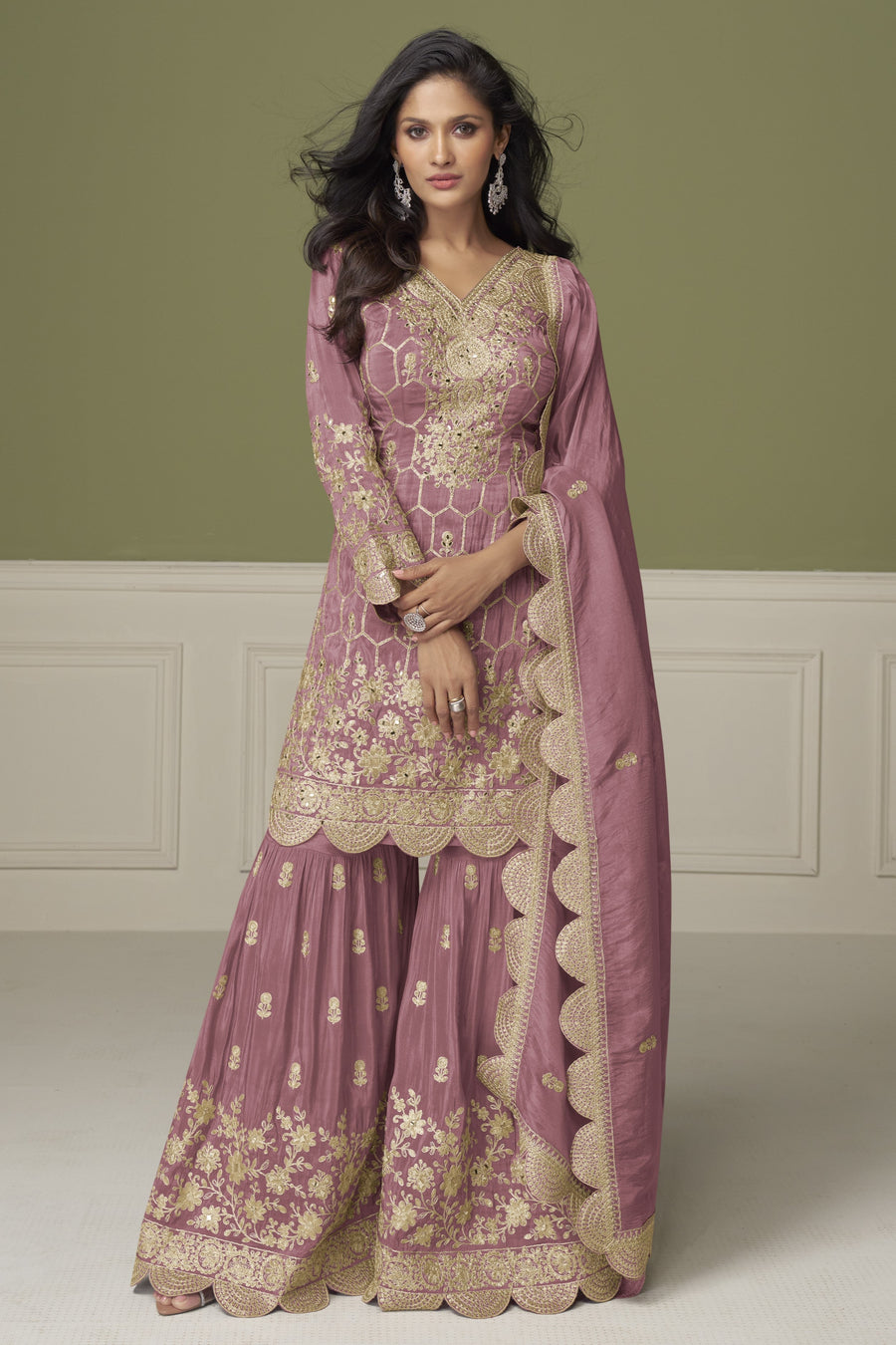 Pink Simmer Silk Kameez With Sharara Suit For Indian & Pakistani Wedding Festival - Embroidery Work