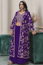 Purple Georgette Palazzo with Choli & Jacket For Wedding & Indian Festival - Embroidery Work