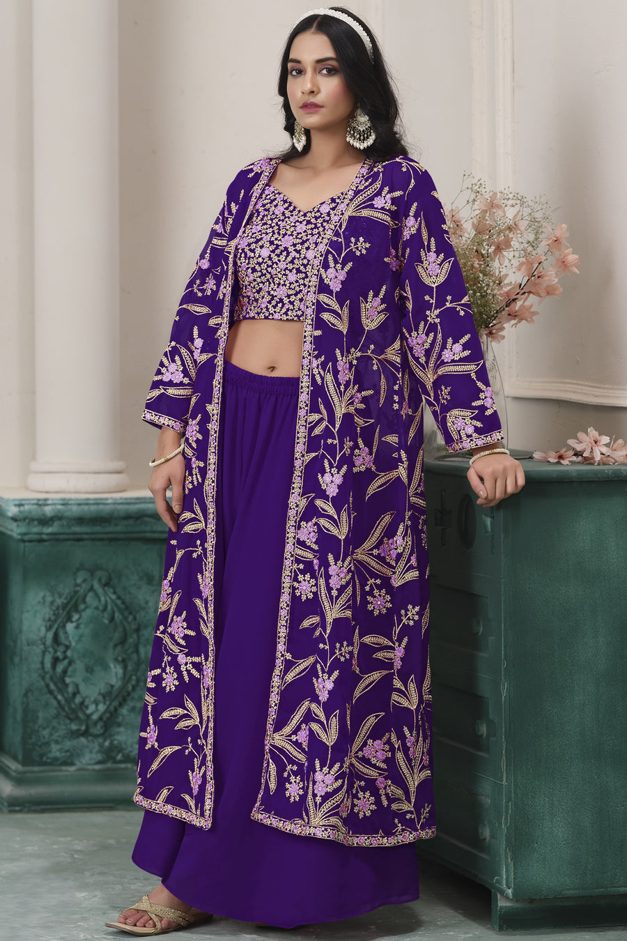 Purple Georgette Palazzo with Choli & Jacket For Wedding & Indian Festival - Embroidery Work
