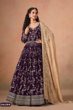 Wine Georgette Anarkali Suit For Indian & Pakistani Wedding Festival - Thread & Sequins Embroidery Work