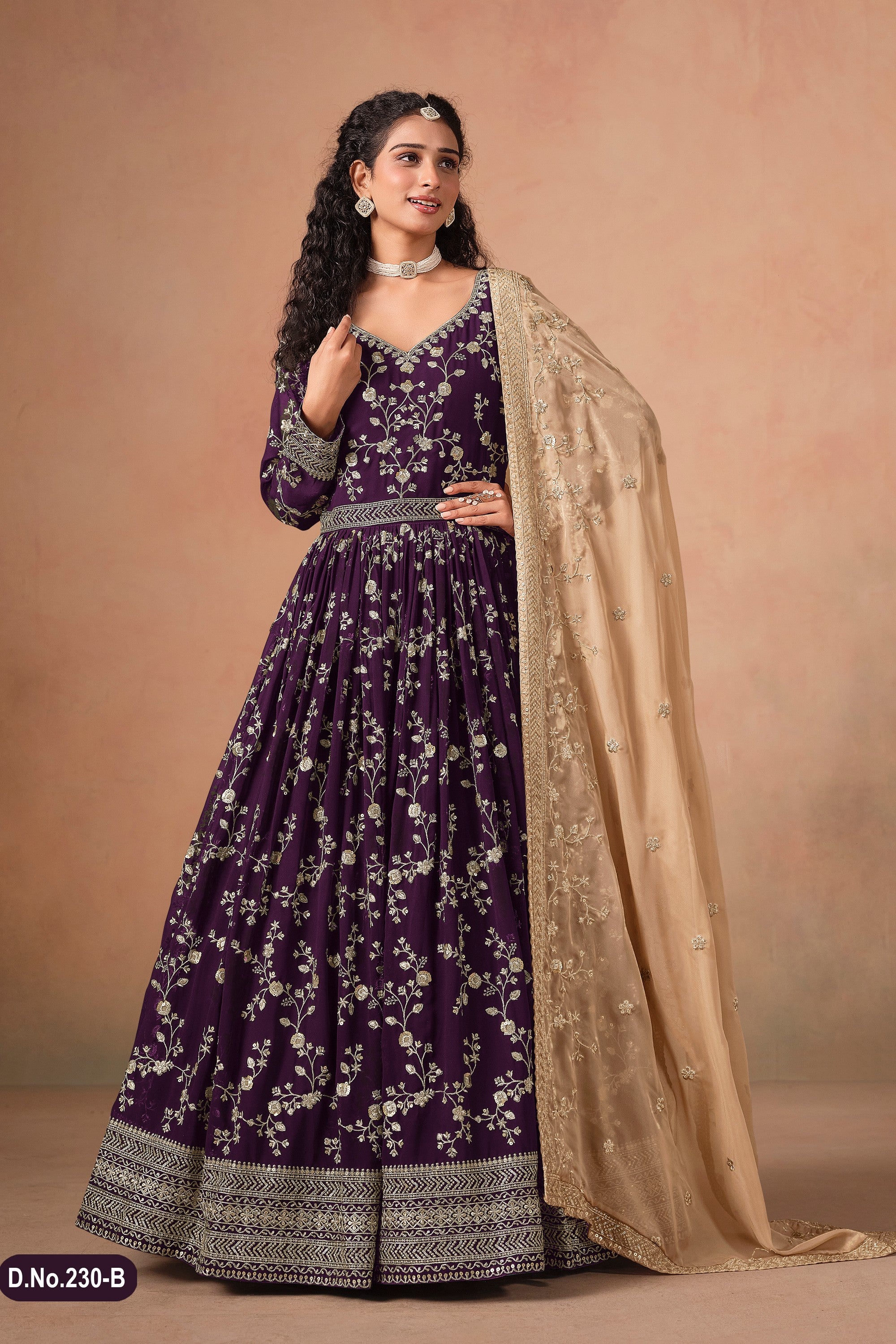 Wine Georgette Anarkali Suit For Indian & Pakistani Wedding Festival - Thread & Sequins Embroidery Work