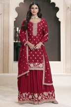 Red Chinon Silk Sharara Kameez Suit for Pakistani & Indian Festival - Embroidery Work