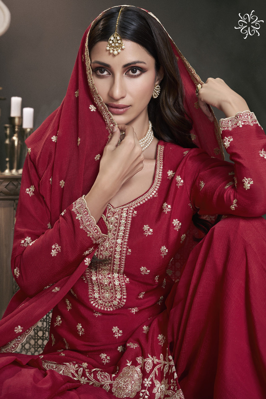 Red Chinon Silk Sharara Kameez Suit for Pakistani & Indian Festival - Embroidery Work