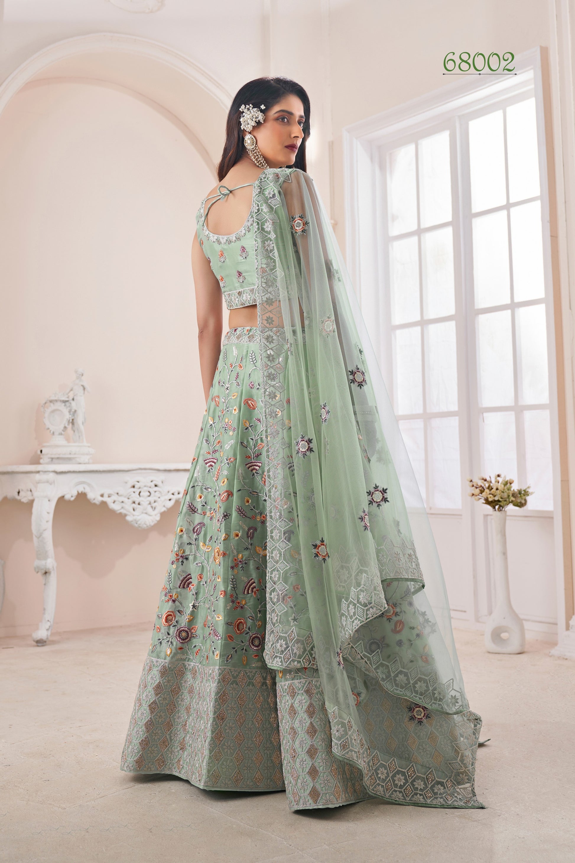 Green Pakistani Art Silk Lehenga Choli For Indian Festivals & Weddings - Thread Embroidery Work, Dori Work, Zarkan Work