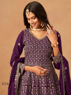 Purple Georgette Plazo Suit For Indian & Pakistani Wedding Festival - Thread & Sequins Embroidery Work