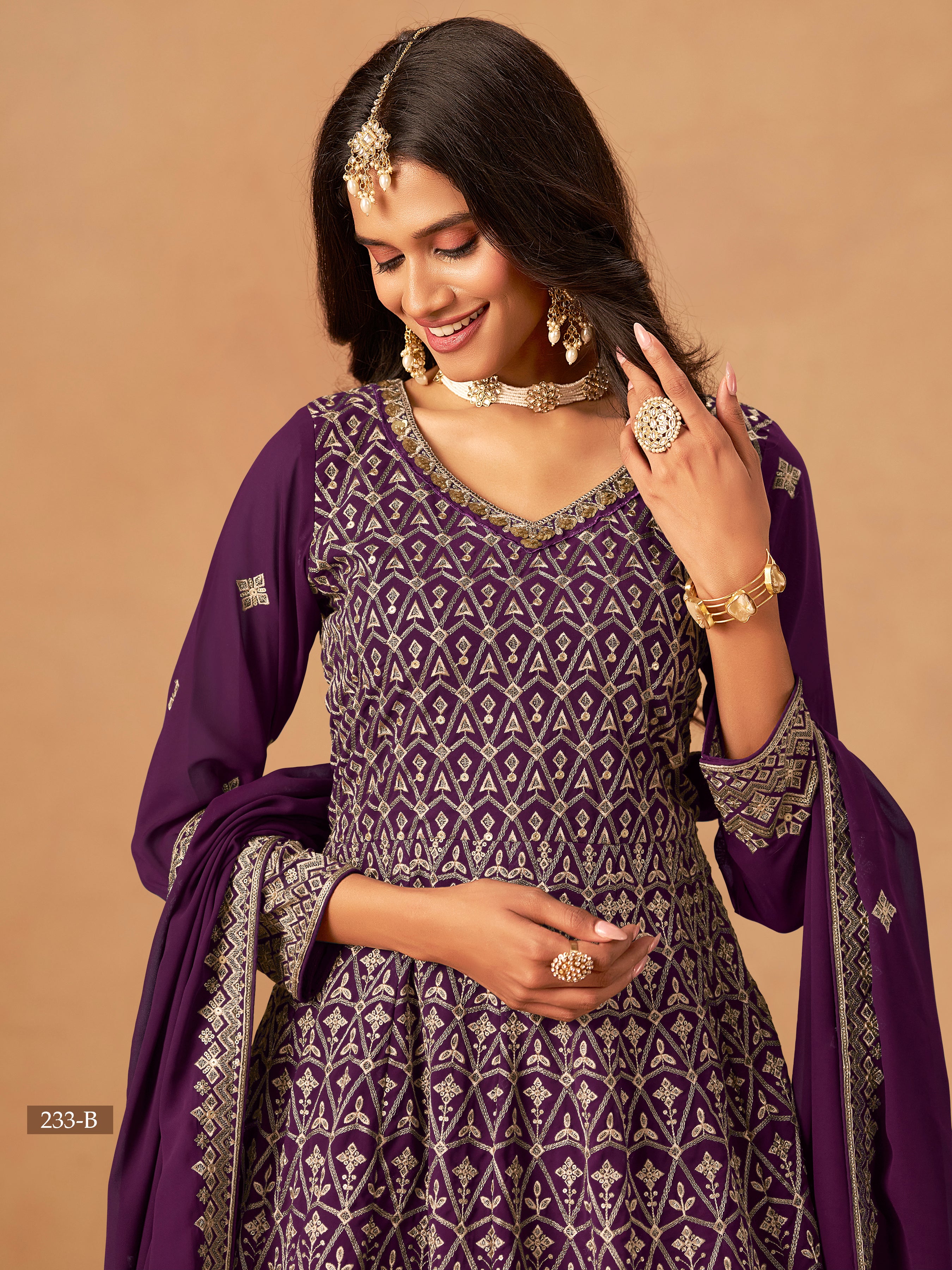 Purple Georgette Plazo Suit For Indian & Pakistani Wedding Festival - Thread & Sequins Embroidery Work