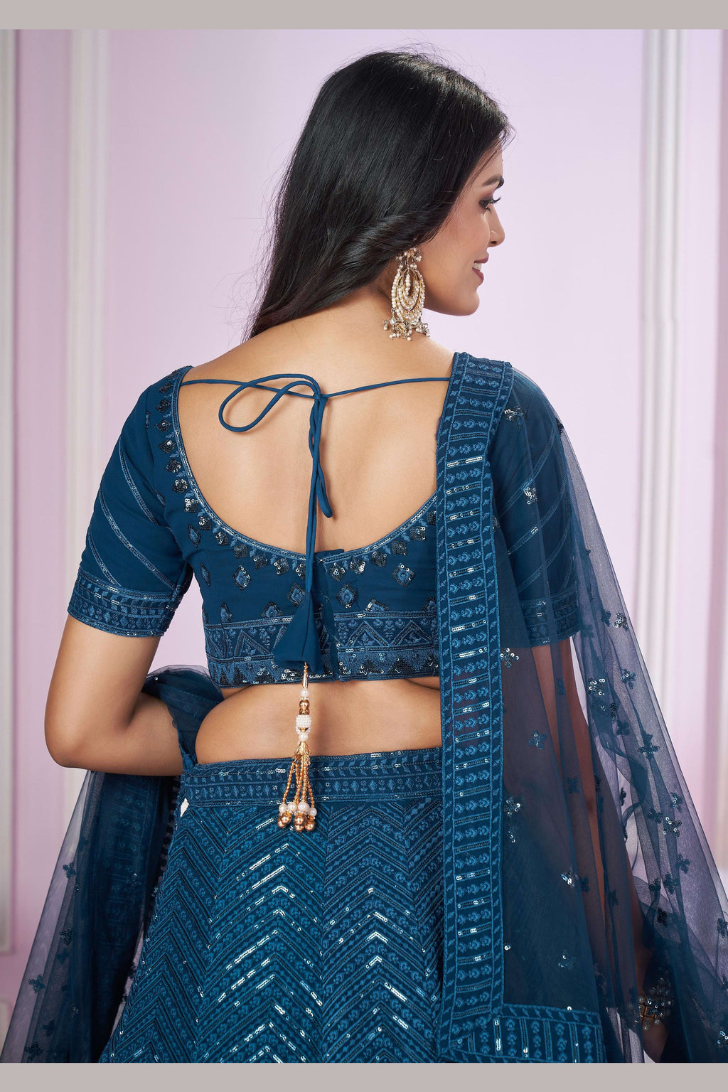 Teal Georgette Lehenga Choli For Indian & Pakistani Wedding Festival - Sequins & Thread Embroidery Work