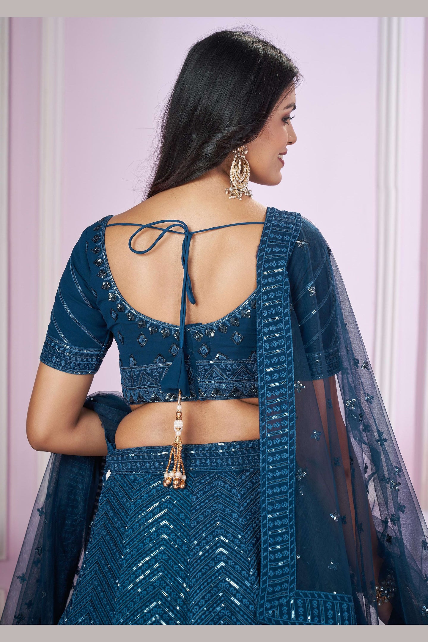 Teal Georgette Lehenga Choli For Indian & Pakistani Wedding Festival - Sequins & Thread Embroidery Work