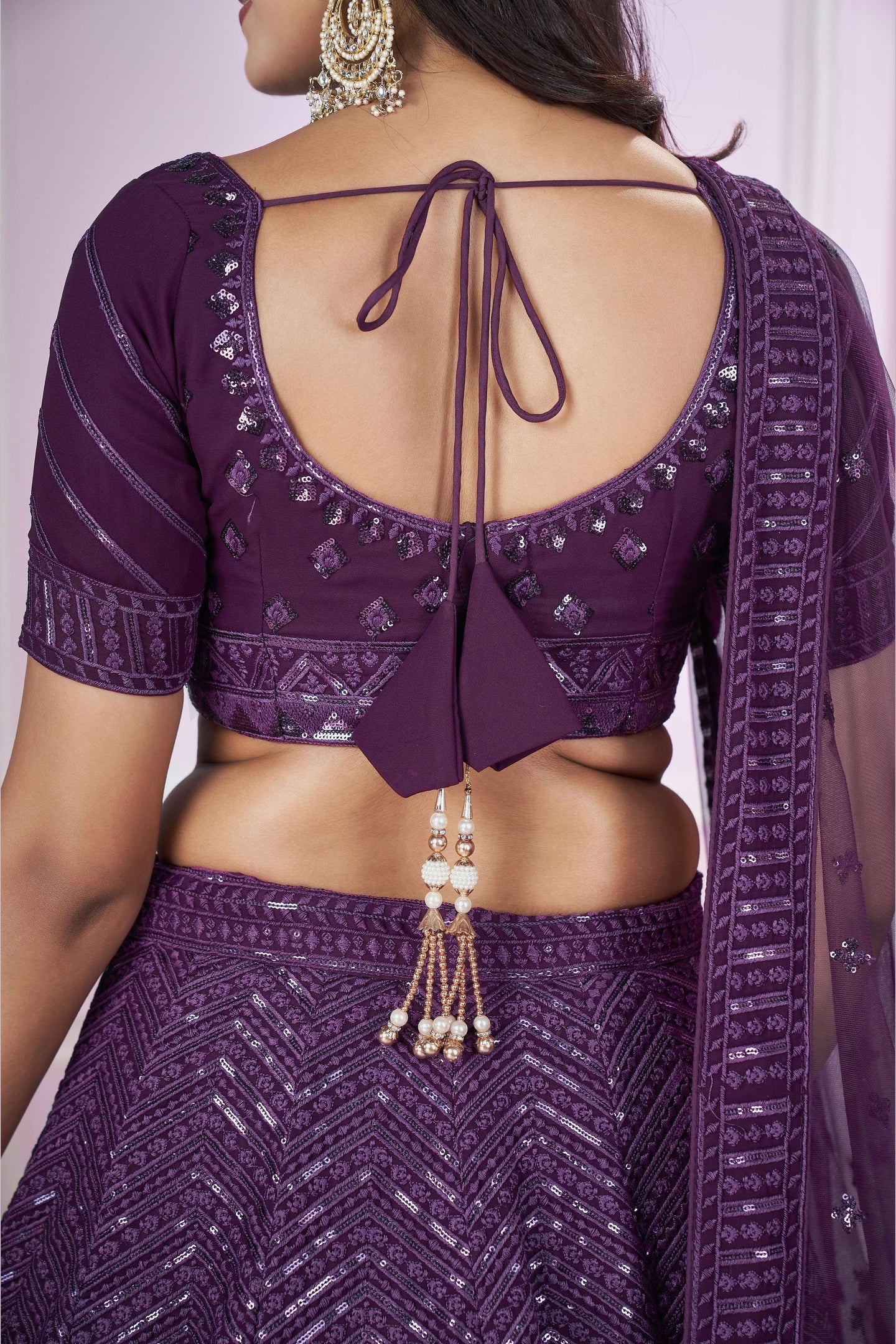 Purple Georgette Lehenga Choli For Indian & Pakistani Wedding Festival - Sequins & Thread Embroidery Work