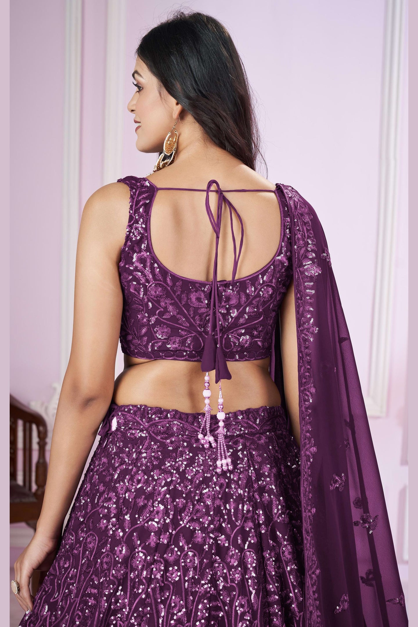 Purple Georgette Lehenga Choli For Indian & Pakistani Wedding Festival - Sequins & Thread Embroidery Work