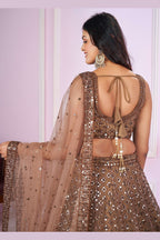 Brown Net Lehenga Choli For Indian & Pakistani Wedding Festival - Sequins & Thread Embroidery Work