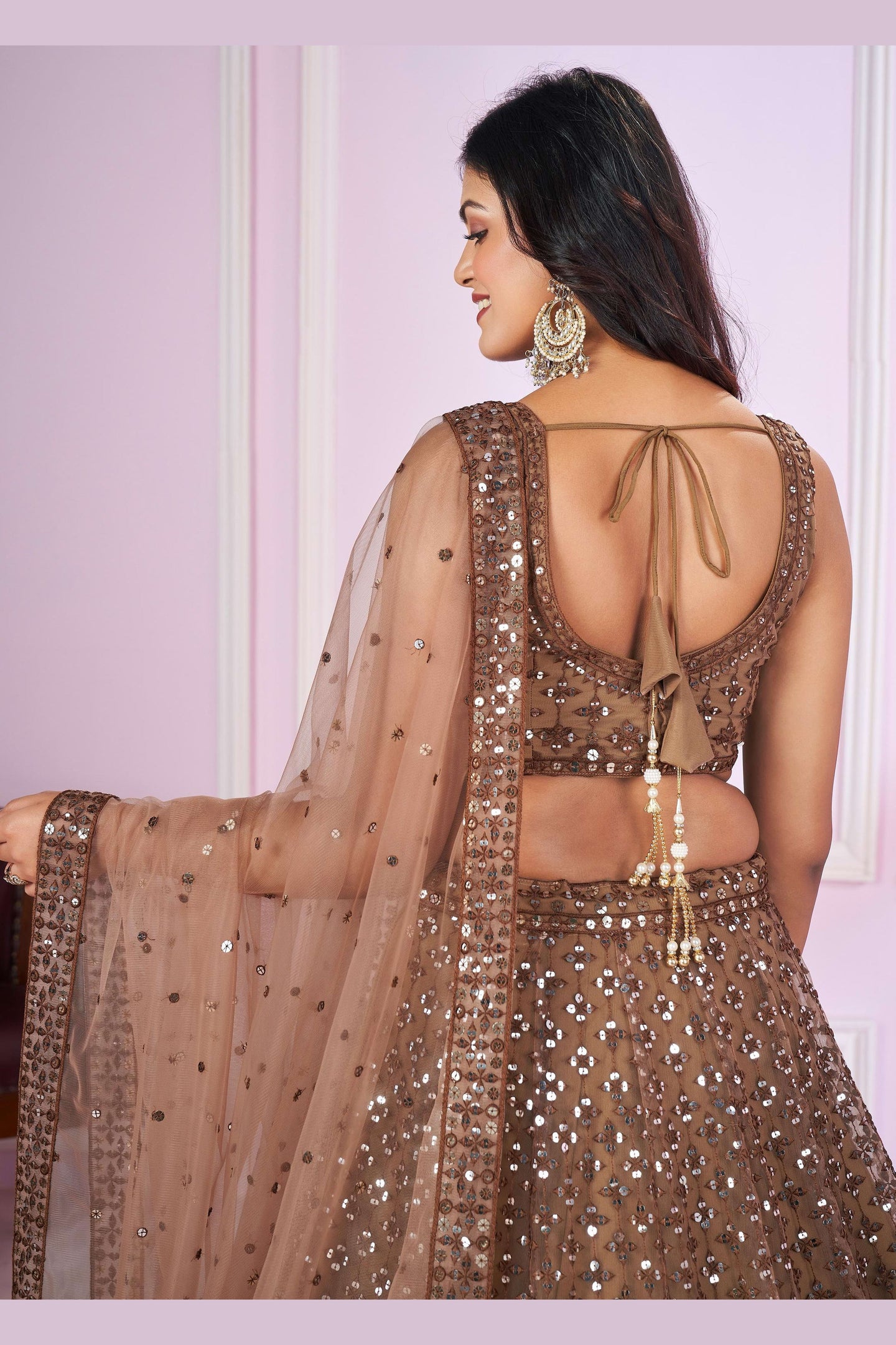 Brown Net Lehenga Choli For Indian & Pakistani Wedding Festival - Sequins & Thread Embroidery Work
