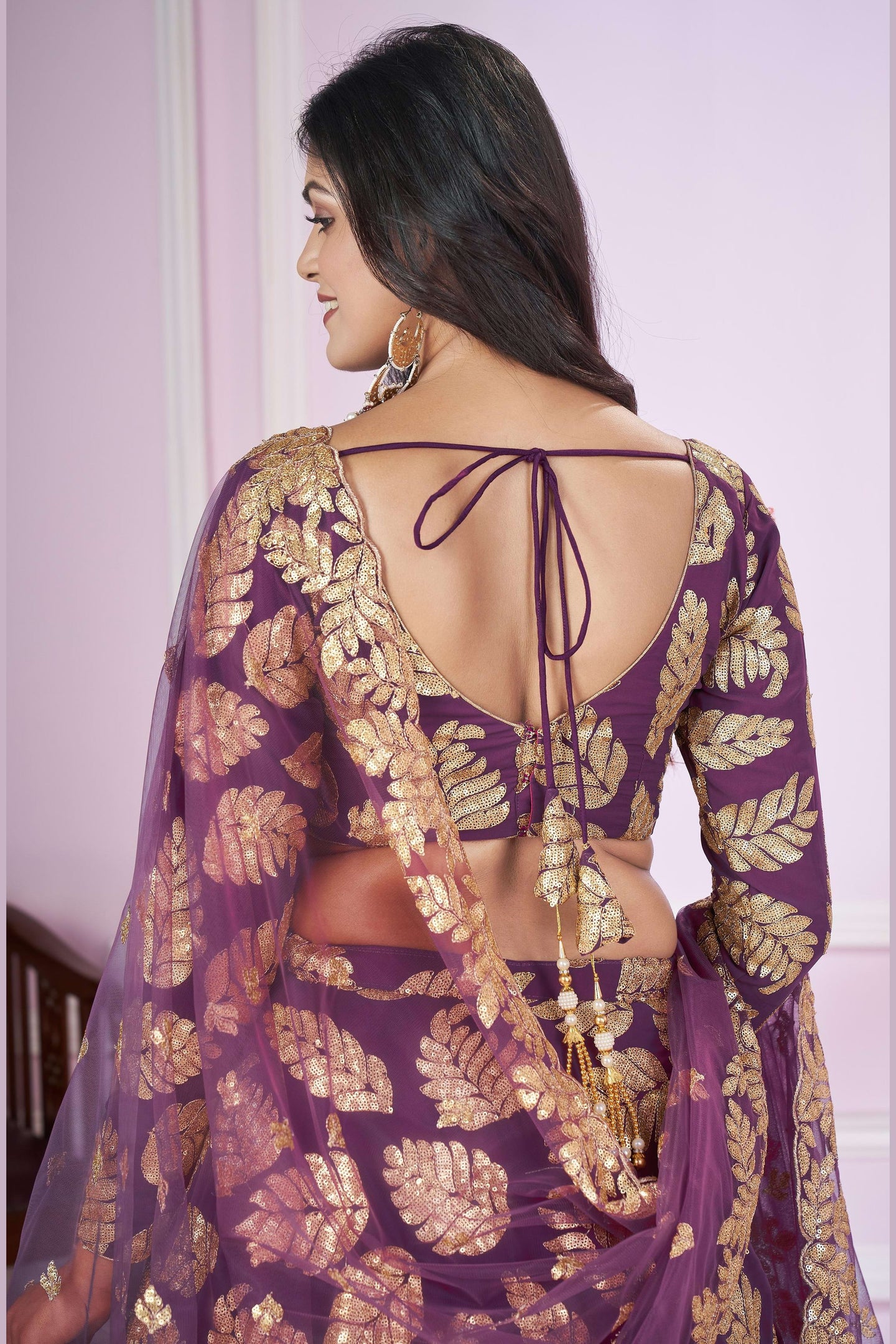 Purple Georgette Lehenga Choli For Indian & Pakistani Wedding Festival - Sequins & Thread Embroidery Work, Zari Work