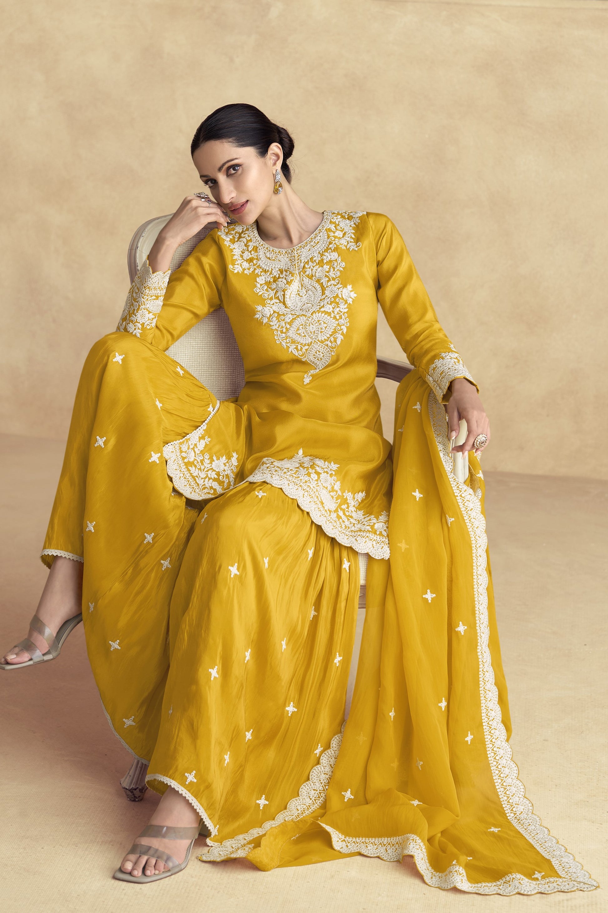 Yellow Simar Silk Sharara Suit Dress For Indian Festivals & Pakistani Weddings - Thread Embroidery Work