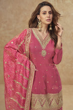 Red Simar Silk Plazo Suit For Indian Festivals & Weddings - Embroidery Work, Print Work