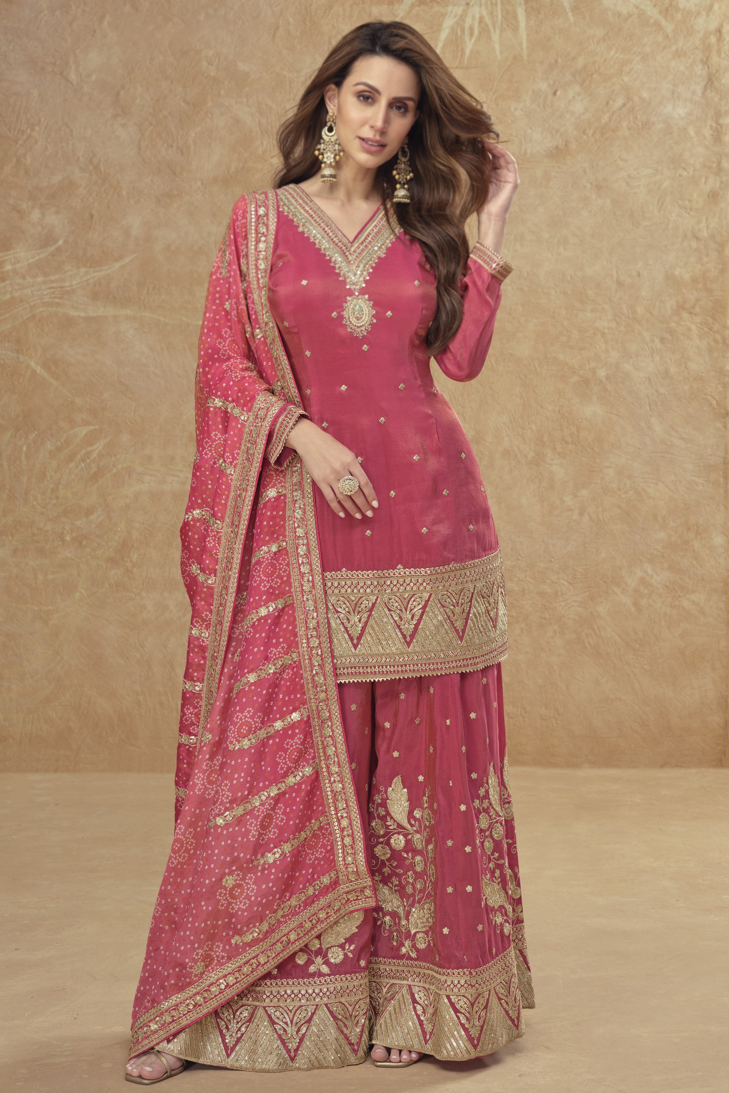 Red Simar Silk Plazo Suit For Indian Festivals & Weddings - Embroidery Work, Print Work